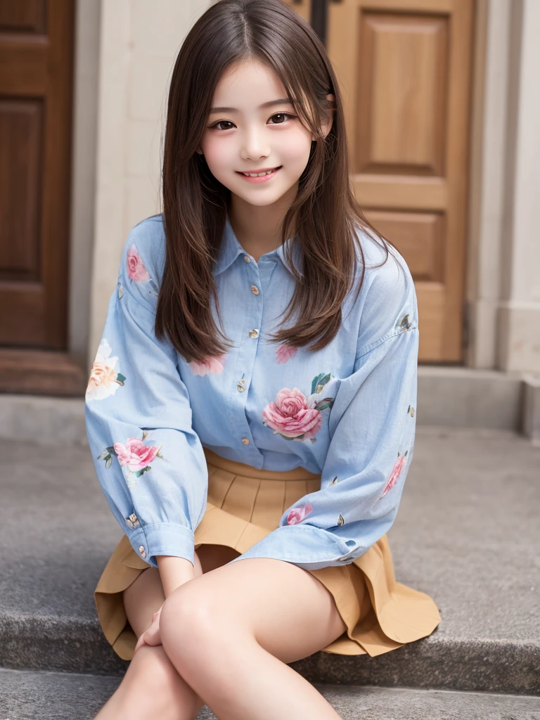 (masterpiece,highest quality,超A high resolution), (((Very beautiful girl))), pretty girl、China Travel、((Hongkong))、smile、 Outdoor、Super cute face, Glossy lips, Double eyelids on both eyes, Natural Makeup, Long eyelashes, Shiny and smooth light brown long bob hair, Perfect limbs, FULL Body, Cute clothes、Floral shirt、Pleated mini skirt、