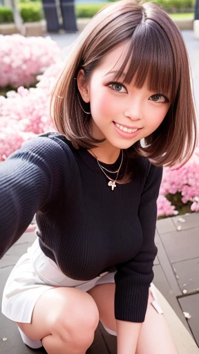 ((Tabletop, highest quality, High resolution,Perfect Pixel, Written boundary depth, 8K,))), 1 girl, single, alone, Beautiful Anime Girls, Beautiful art style, Anime characters, ((Short Bob Hair, bangs, Brown Hair)), ((Green Eyes:1.4, Round eyes, Beautiful eyelashes, Realistic eyes)), ((Detailed face, blush:1.2)), ((Smooth texture:0.75, Realistic texture:0.65, Realistic:1.1, Anime CG Style)), Dynamic Angle, ((throw, Selfie pose, Portraiture)), ((Black knit sweater, Short sleeve, Black Mini Skirt, Checked mini skirt, fashionable, 1 diamond necklace,pantyhose)), smile, amusement park, ((cherry blossoms, cherry blossomsの花が散る)),Sit on a bench,Shot to the knee,