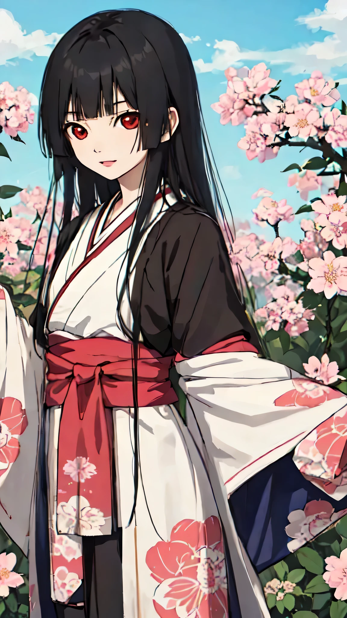 enma_ai, girl1, bangs, black hair, long hair, kimono obi sakura, heaven garden, happy