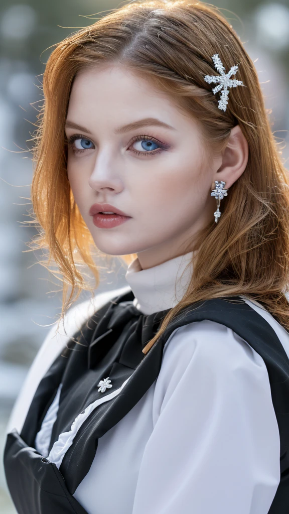 1 miniature Beautiful beautiful woman - Yuan Sayuki, ((top quality, 8K, Masterpiece:1.retty woman, 1 woman, huge breasts:1.3, a slim body:1.1, lush GINGER long hair with 2 ponytails and buns, (shower, wet body, wet clothes:1.1), very detailed face, detailed lips, detailed eyes, double eyelids, Detailed blue eyes, чрезвычайно Detailed Outstanding Blue Eyes, long GINGER wet hair, GINGER wet hair, Detailed Outstanding Blue Eyes, innocent look at the viewer, very wet wavy white hair, Detailed Outstanding Blue Eyes, huge cross earrings, Outdoors, badges behind, gothic maid uniform, sexy maid dress, bare chest, huge chest tattoo, detailed huge catholic cross earrings, chest tattoo, Outside, wear a silver cross (Detailed cross shape), reality mode, wet breasts, black necklace, human crowd behind, black latex gloves, hair of white snowy colour, night time, red neon lights, demonic nun, nimbus (golden lighting ring above her head), angel, snowy weather, sexy pose, white lingerie, black maid dress, detailed flower wreath made of different colours, open chest