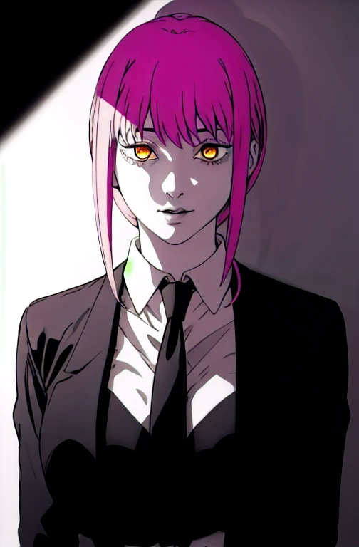 (masterpiece, highest quality, detailed), (gold, Monochrome:1.4), alone,  A fearless smile, Hollow Eyes、Blood on clothes, One girl, sleepy, Large Breasts, Black suit,Black tie, Shiny fabric, Valentine Tech, break Makima, The eyes are round, Braided Ponytail, bangs, break (Yellow Eyes:1.1), Side Lock, Medium Hair, Pink hair, Glowing Eyes, Dim Light,