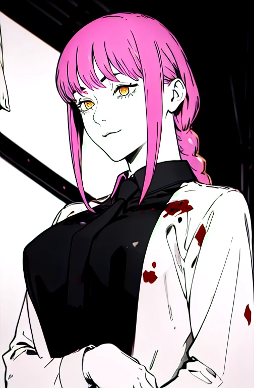 (masterpiece, highest quality, detailed), (gold, Monochrome:1.4), alone, A fearless smile, Hollow Eyes、Blood on clothes, One girl, sleepy, Large Breasts, Black suit,Black tie, Shiny fabric, Valentine Tech, break Makima, The eyes are round, Braided Ponytail, bangs, break (Yellow Eyes:1.1), Side Lock, Medium Hair, Pink hair, Glowing Eyes, Dim Light,