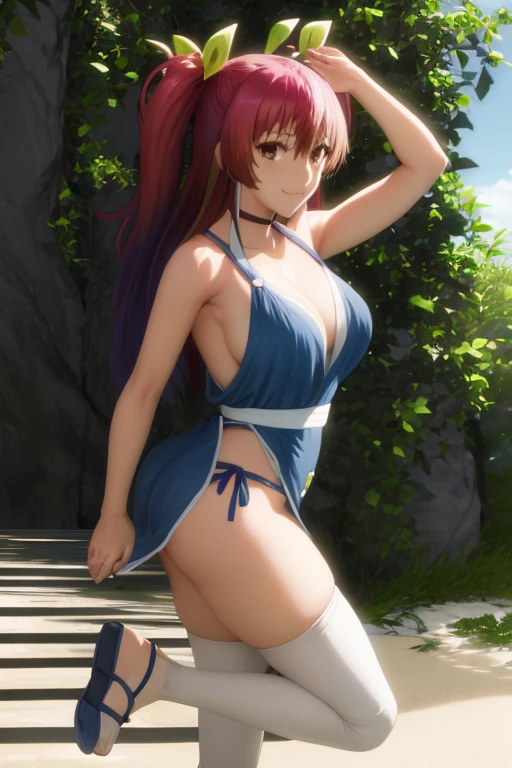 masterpiece, best quality, beautiful art, high resolution, well formed hands, body and fingers, 1 woman, solo, Stella Vermillion,  up, adult, hair ribbon , big breasted, cleavage full body, long hair, blue_kunoichi_dress, sleeveless, white stockings, gorgeous legs and thighs, dancing seductively and erotically, turning backwards and forwards, showing her back and front, showing her butt, t-back,, white thong, smiling joyfully, looking at the viewer, flirting, beach environment 