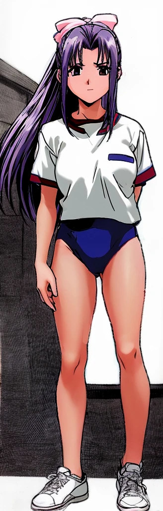 Momoko Koigakubo, a tall girl with beautiful legs, is standing from behind in a white gym uniform and light navy blue bloomers that look like panties.。