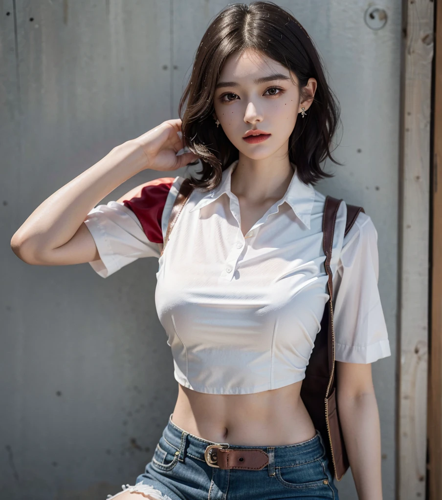 absurdres, RAW photo, extremely delicate and beautiful, masterpiece, Best Quality, ultra high resolution, 32k, hyperrealistic, ultra-detailed, perfect anatomy, anatomically correct, perfect figure, super Detailed skin, pale skin, 20 years old, very Slim body, narrow waist, very small head, very small face, delicate facial features, detailed face, detailed eyes, tearful mole, earring, thin legs, bare legs, ((very huge round breasts)), short medium hair, ((wavy hair)), wet clothes, ((alone)), ((collared white shirt)), ((cowgirl costume)), vest, cowboy hat, fingerless gloves, midriff, neckerchief, shorts, ((holster)),