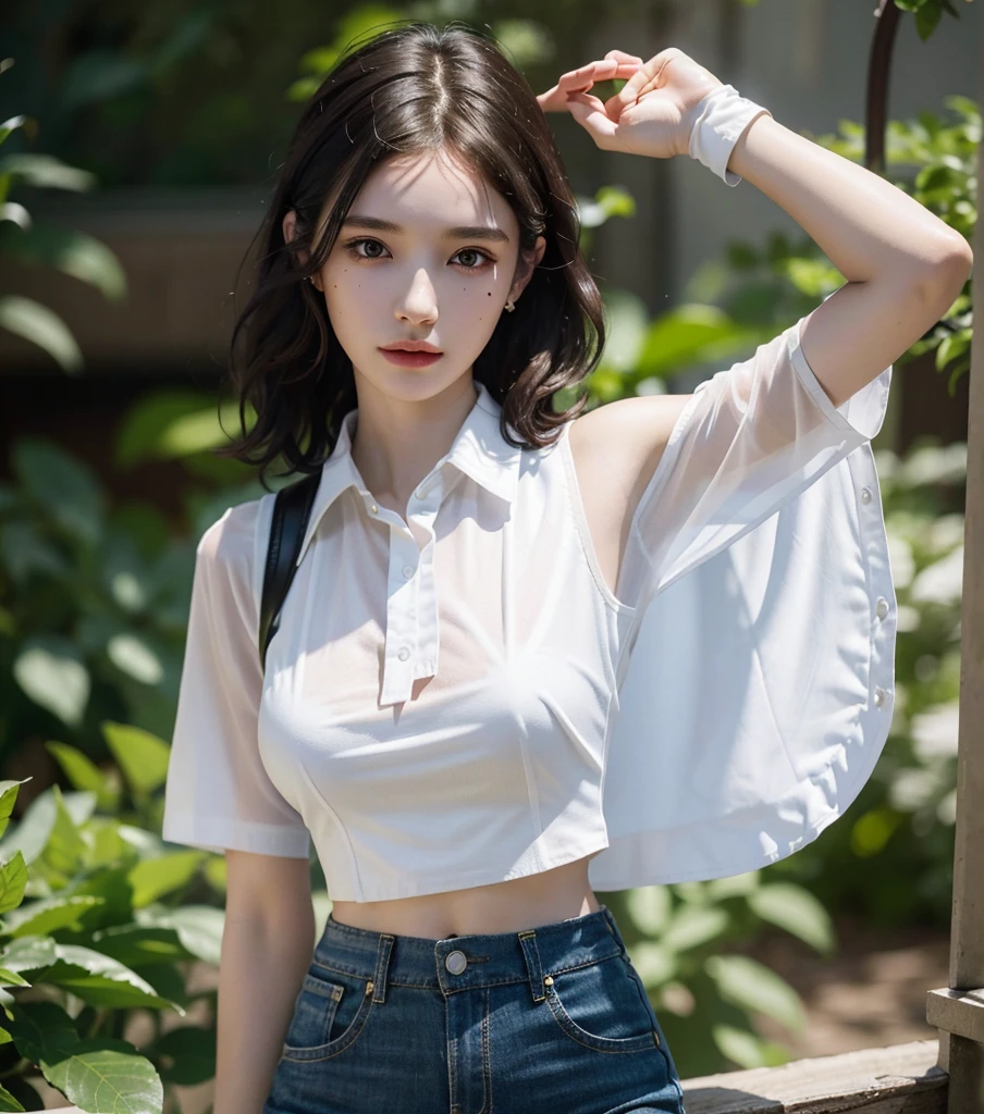 absurdres, RAW photo, extremely delicate and beautiful, masterpiece, Best Quality, ultra high resolution, 32k, hyperrealistic, ultra-detailed, perfect ???????, anatomically correct, perfect figure, super Detailed skin, pale skin, 20 years old, very Slim body, narrow waist, very small head, very small face, delicate facial features, detailed face, detailed eyes, tearful mole, earring, thin legs, bare legs, ((very huge round breasts)), short medium hair, ((wavy hair)), wet clothes, ((alone)), ((collared white shirt)), ((cowgirl costume)), vest, cowboy hat, fingerless gloves, midriff, neckerchief, shorts, ((holster)),