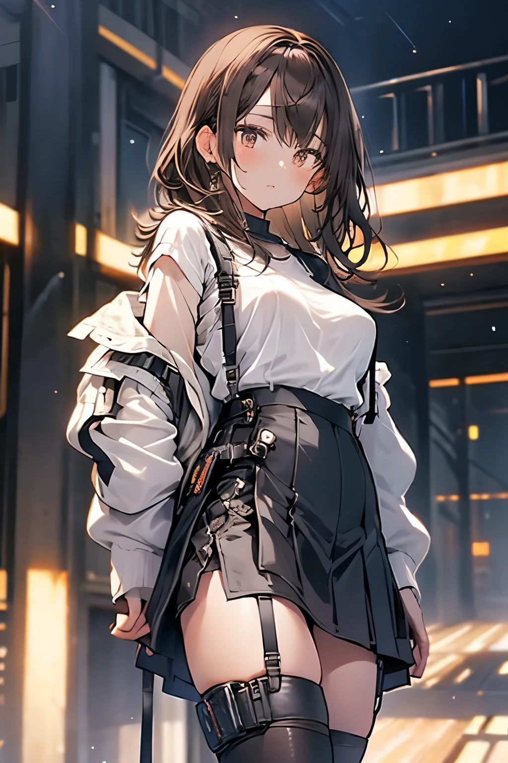 Brown Hair、Staring at the audience Black suspenders bulging big breasts wall: Black mini skirt garter sight Small face Bans holster Beautiful woman Show your hand leg holster lying on bed sight Black boots panty shot Taunt side side sweat I arm