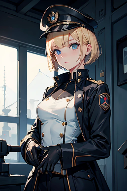 Ultra-detailed, master_piece, Top_quality, 1_beautiful_girl, portrait, Very_beautiful_face, military uniform, black_jacket, very beautiful_eyes, blue_eyes, even_eyes, blonde_bob_cut_hair, bangs, Garrison_Cap_with_goggles, hoilding_binoculars, poke_head_out_of_turret