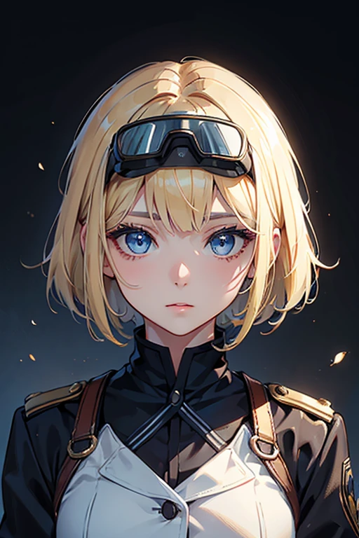 Ultra-detailed, master_piece, Top_quality, 1_beautiful_girl, portrait, Very_beautiful_face, military uniform, black_jacket, very beautiful_eyes, blue_eyes, even_eyes, blonde_bob_cut_hair, bangs, Garrison_Cap_with_goggles, hoilding_binoculars, poke_head_out_of_turret