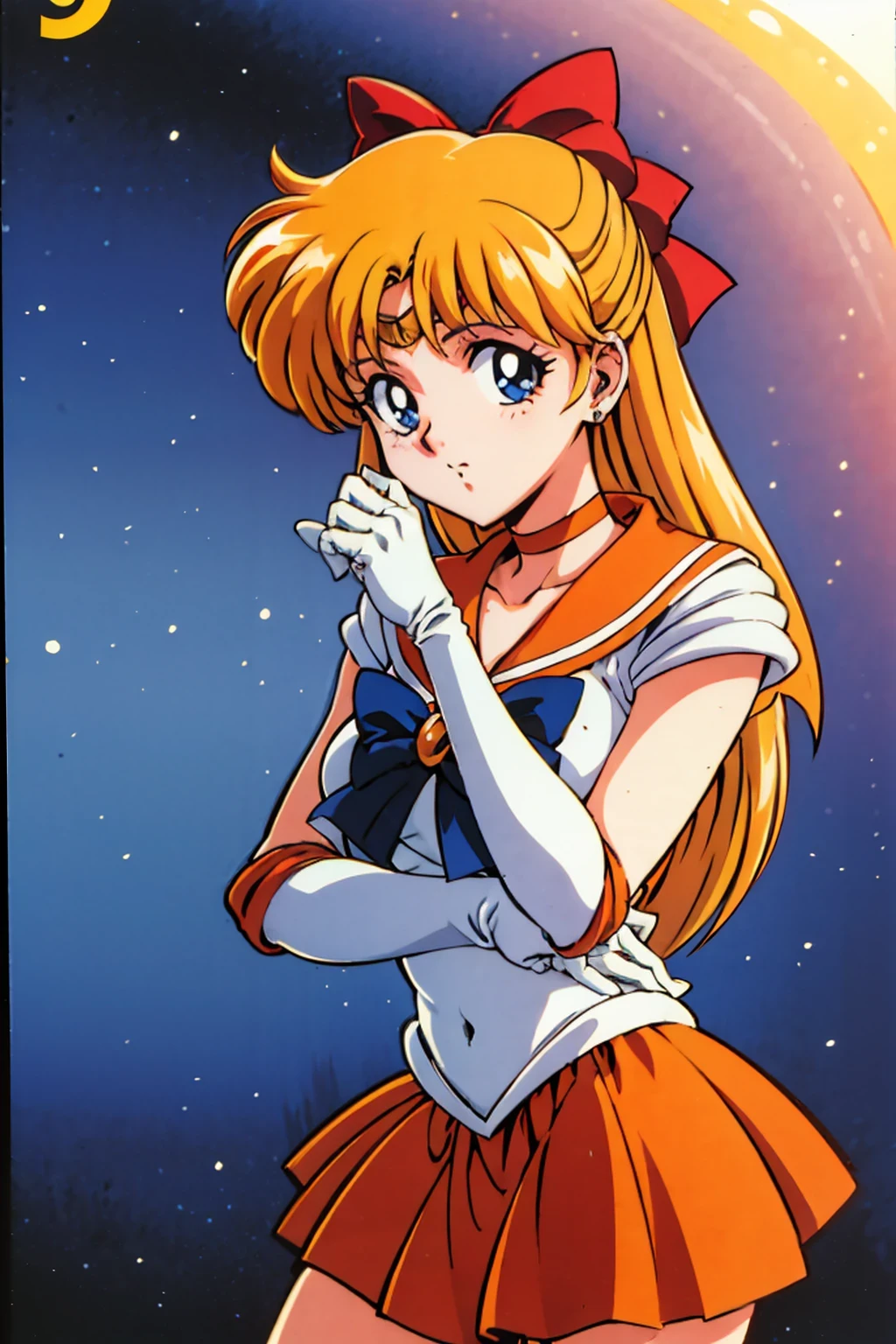 (masterpiece:1.3),(highest quality:1.4),(ultra detailed:1.5),High resolution,extremely detailed,unity 8k wallpaper,Official Art,Perfect Anatomy,(Anime screenshots:1.11),(90s Anime,90s Anime style,cell shaded anime:1.17),((solo:1.52)),
(1990s \(style\), retro artstyle:1.5),(1990s \(style\), retro artstyle:1.5),((sv1:1.52)), sailor senshi uniform, orange skirt, elbow gloves, tiara, orange sailor collar, red bow, orange choker, white gloves, jewelry