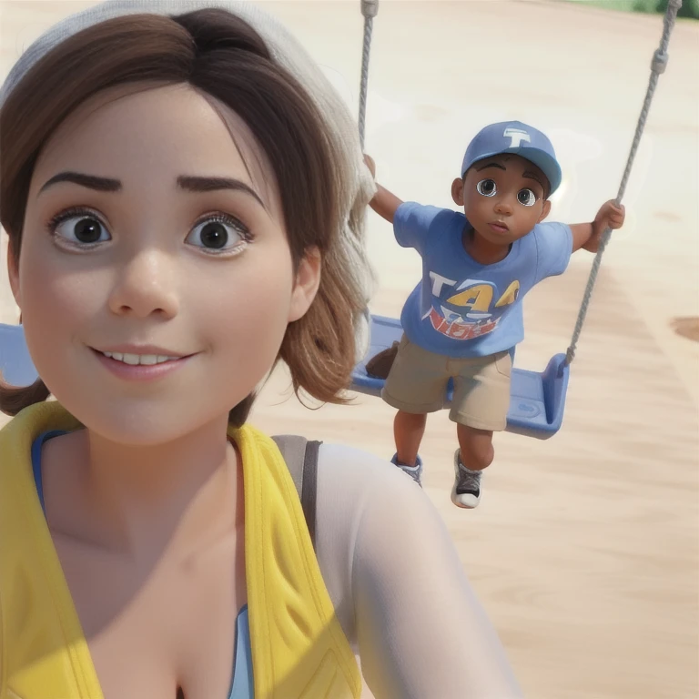 A white woman with brown hair watching her dark-skinned son in a blue cap with the letter T on the playground swing, estilo pixar, alta qualidade, melhor qualidade. 