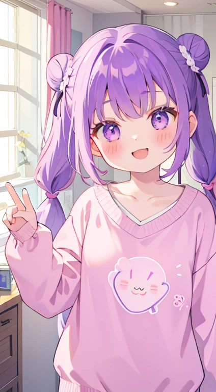 One Girl、Inside the room、was happy、Purple Hair、cute、Hair Bun、Twin tails、Double knot、Year、smile、Laughter、masterpiece