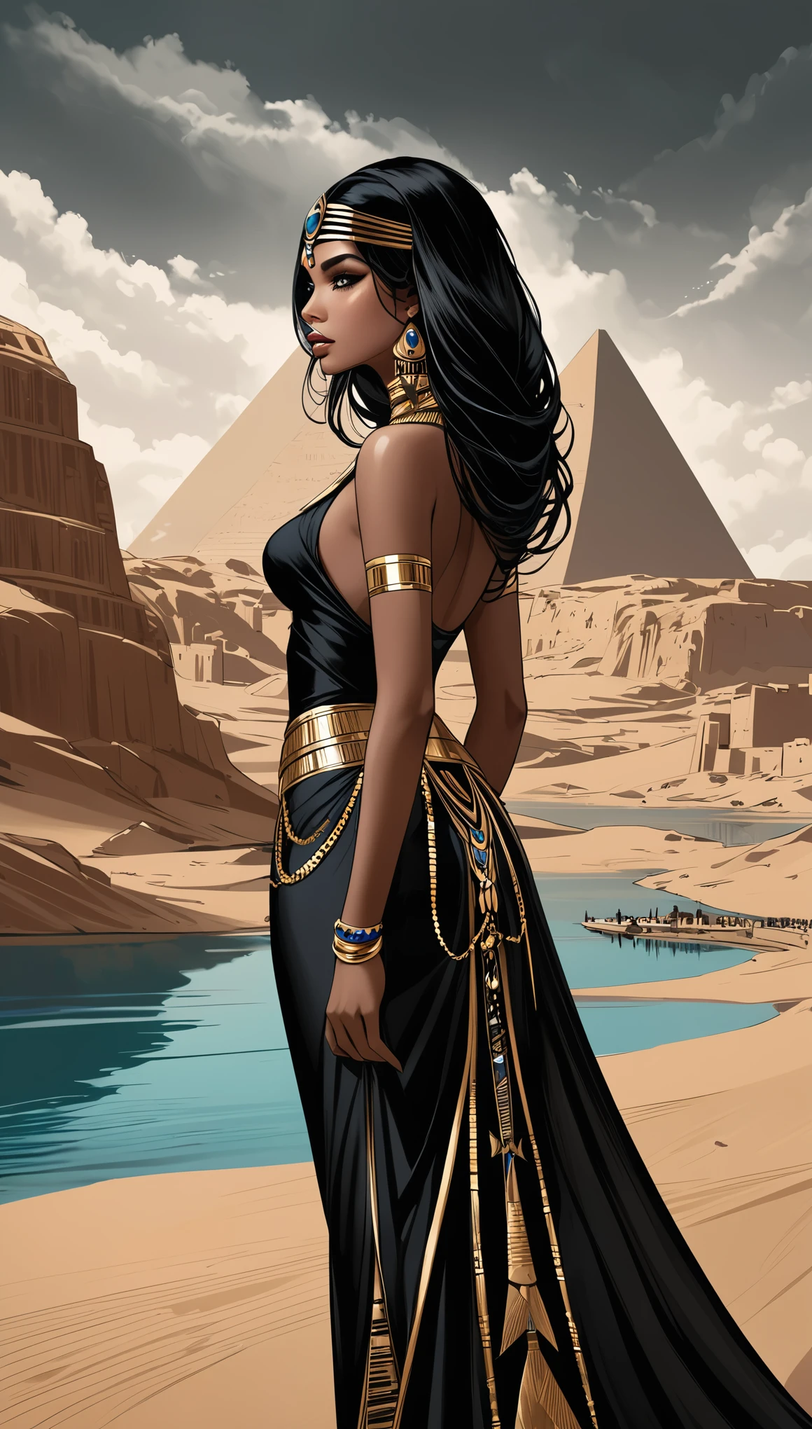artist by Megan Hess,1girl,fine sketches,Vivid,Moody,Landscapes,Fantasy,Dark,Egyptian Royal Girl，