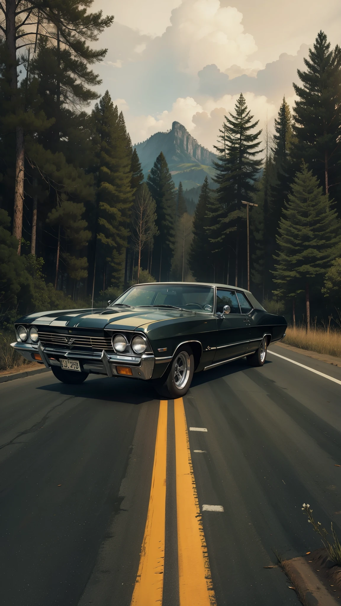 Impala 67,cor Preto, extremamente realista, em uma estrada, fundo floresta