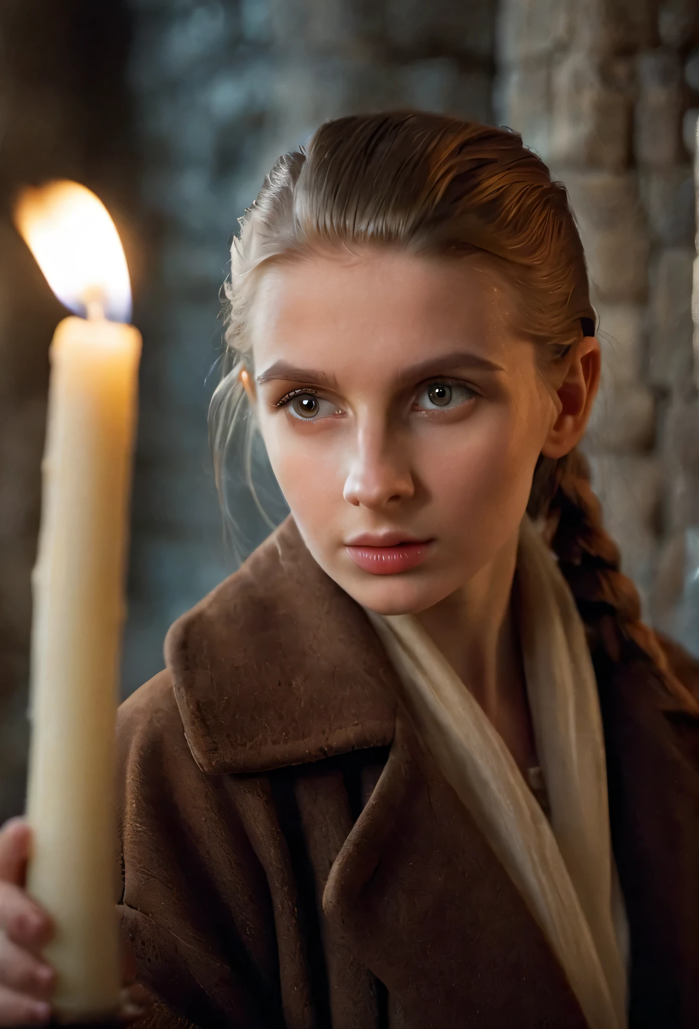 cinematic film still, woman, Beside a candle, its wavering flame plays across skin. Warmth and cool dance upon each pore and line gathered over years. Her eyes meet ours as flickering chiaroscuro brings their quiet depth alive. Neck slopes into shadow, while light caresses strands of hair hung loose around a serene expression. shallow depth of field, vignette, highly detailed, high budget, bokeh, cinemascope, moody, epic, gorgeous, film grain, grainy, wearing a brown coat, (short pony tail), in a dungeons and dragons style