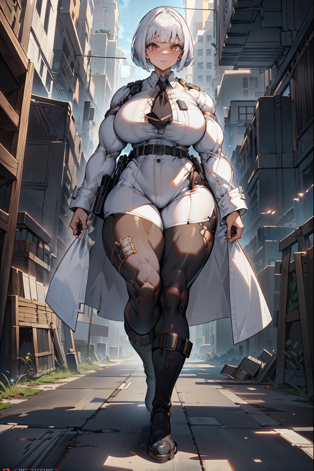 hyper muscles, (extremely detailed CG unity 4k wallpaper),(masterpiece),(best quality),(ultra-detailed),(best illustration),(best shadow),(absurdres),(Detailed background), White hair (Bobcut), Tall, Calk white skin, Milky eyes, Trenchcoat (Black), Boots, Blouse (White), Pants (Black), comtemporary horror aesthetic, police station office background,