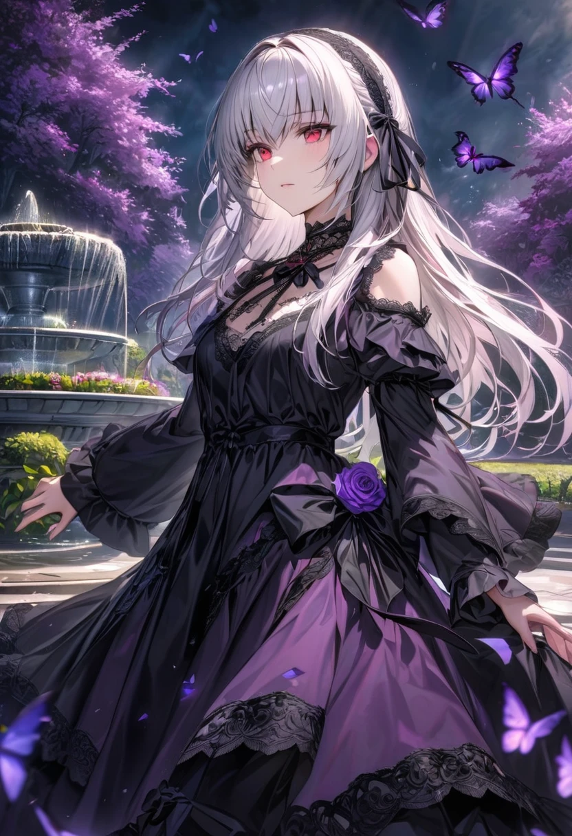 absurdres, highres, ultra detailed, HDR, master piece, ultra detailed picture, extremely detailed face and eyes, Suigintou, silver-white hair, expressive red eyes, Maiden Rose, solo, woman, extremely beautiful, purple flowers, park, fountain, purple trees, purple butterflies, she wears a black headband with black lace trimming, each side of the headband ends with two black bows; the headband also sports a black rosette on top, a black neck ribbon is tied around her neck, and her dress is white and black, it has a matching rosette on the chest just like the one on the headband, the top part of the dress also has black lace trimming and features white ruffles trimming, the sleeves of the dress are puffy on each of the shoulders