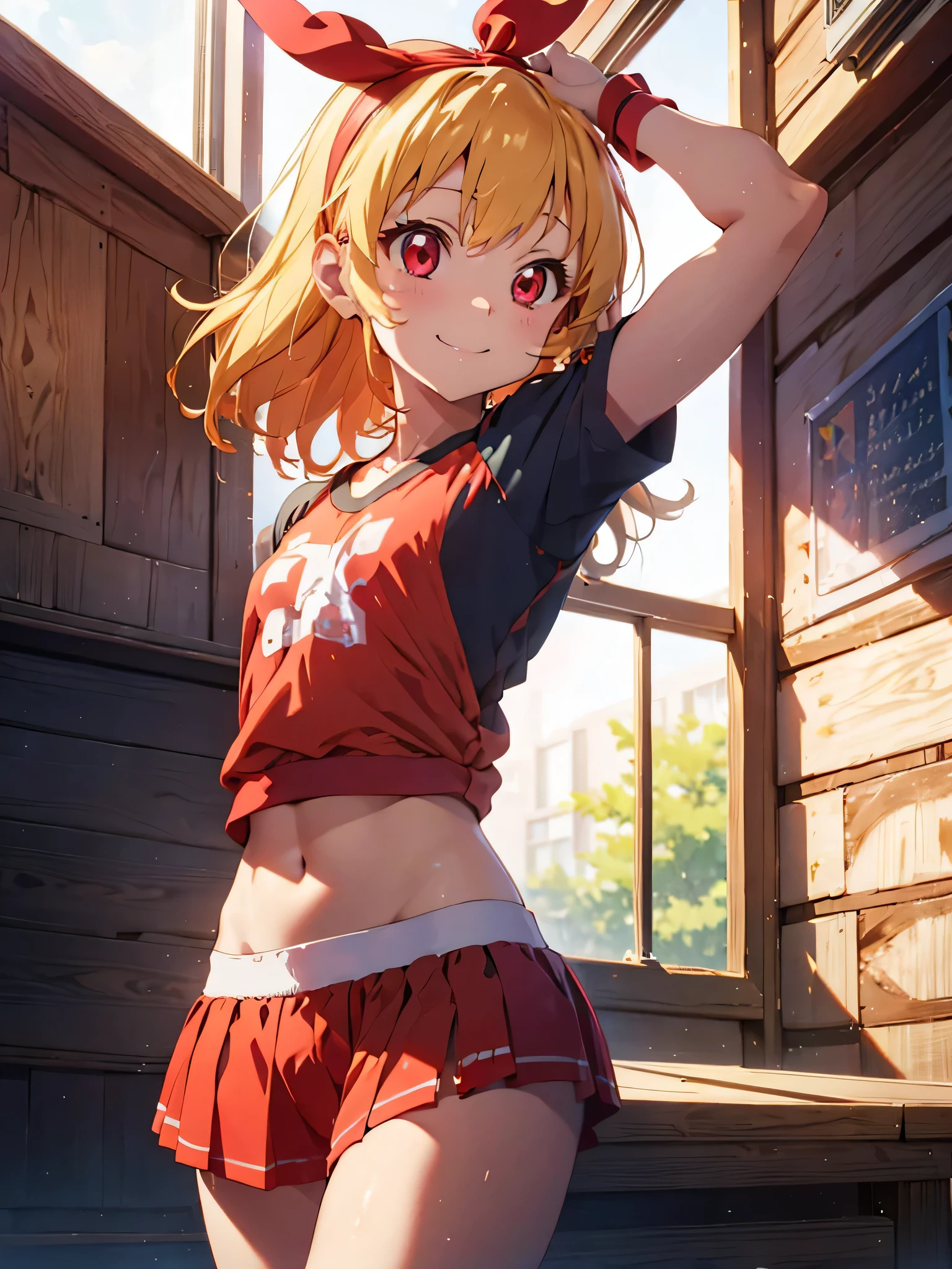 anime cg, highresolution, cute , smile, trainingroom, (RED Ribbon on HAIRband:1.2),Blonde hair, rainbow gradient sports wear, rainbow gradient highleg gymwear, hand on hip