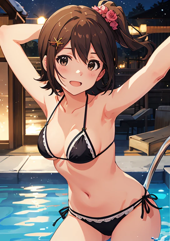 Mirai Kasuga, (highest quality, 8k, masterpiece, Very detailed:1.2), (Lens flare, Particles of light, Shine), Big Breasts, smile, Open your mouth, masterpiece, highest quality, Very detailed, High resolution, Very detailedなCG, (Official Art), Micro Bikini, Black Bikini,  (Embarrassing:1.1), (blush:1.2), Open your mouth, (shout:1.1), (Moving lines:1.1),  night, Night Pool, Cowboy Shot