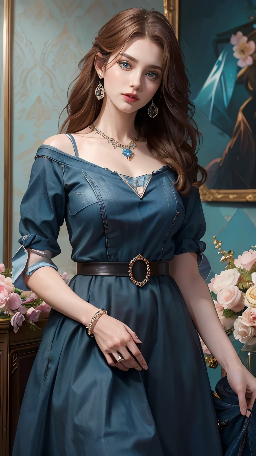 Cowboy Shot, highest quality, 超A high resolution, (Realistic:1.4), 細部までBeautiful Face, Detailed clothing, Attractive European women,highest quality, 4K, High resolution, masterpiece:1.2, Very detailed,(front:1.9),MangaKawaiiAnime,(Photorealistic:1.4)Beautiful Face, (looking at the camera),Cute face, 、RAW Photos, highest quality,, Vibrant, Red and blue eyes,Strong gaze,Vibrant colors,(frontを向く:1.5)masterpiece,Best image quality,Beautiful royal maiden bust,delicate reddish-brown hairstyle,Black eyes are crystal clear,Exquisite craft jewelry,Decorate with flowers,Exaggerated jewelry earrings,Super Detail。