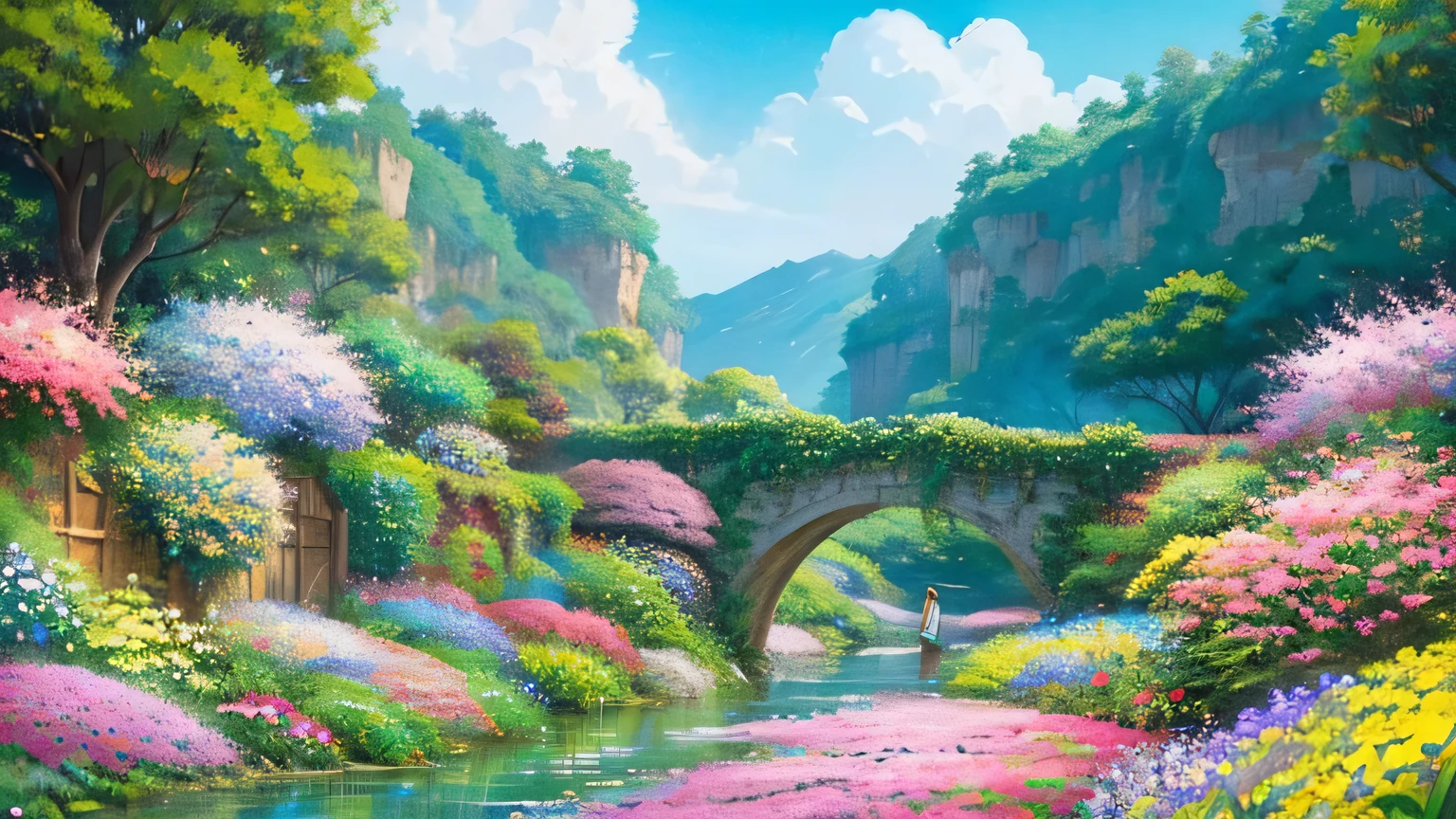 Imagine a scene like in a Ghibli movie.。A beautiful landscape surrounded by lots of flowers.。Colorful flowers々is in full bloom、You can feel it swaying in the wind.。There are small paths and clear rivers running through it.、The blue sky spreads out in the distance。This scenery 16:Please draw on screen 9。