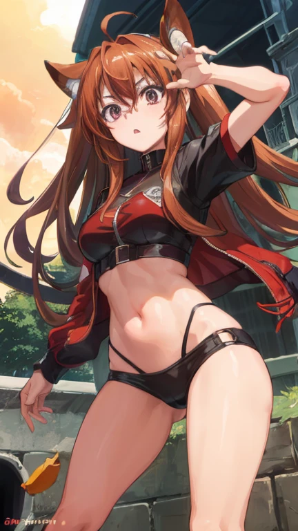 (mejor calidad, obra maestra:1.2), Long brown hair, ojos morados, (ojos ultra detallados), al aire libre, hermoso, Shidou Irina, pechos medianos, de pie, ((tiro de vaquero)), de cerca, perfect anatomy, (sin mangas), (piel saludable), cinematic lighting, cara detallada, cara expresiva.