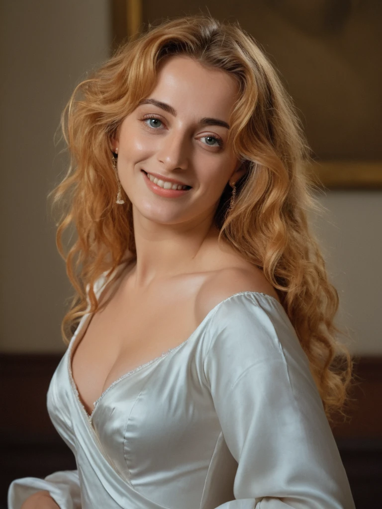 (high quality,4k,8k,highres,masterpiece:1.2),ultra-detailed,realistic,portrait,Simonetta Vespucci,white gown,fine brushstrokes,vivid colors,subtle lighting,pale skin,long wavy hair,fine details,lovely smile,intense eyes,delicate features,natural pose,beautiful backdrop,romantic atmosphere