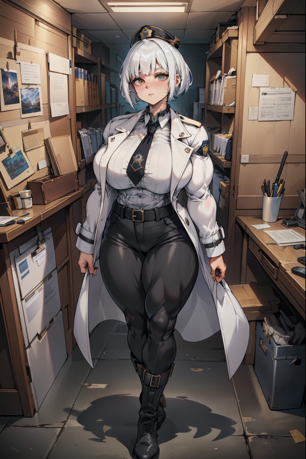 hyper muscles, (extremely detailed CG unity 4k wallpaper),(masterpiece),(best quality),(ultra-detailed),(best illustration),(best shadow),(absurdres),(Detailed background), White hair (Bobcut), Tall, Calk white skin, Milky eyes, Trenchcoat (Black), Boots, Blouse (White), Pants (Black), comtemporary horror aesthetic, police station office background,