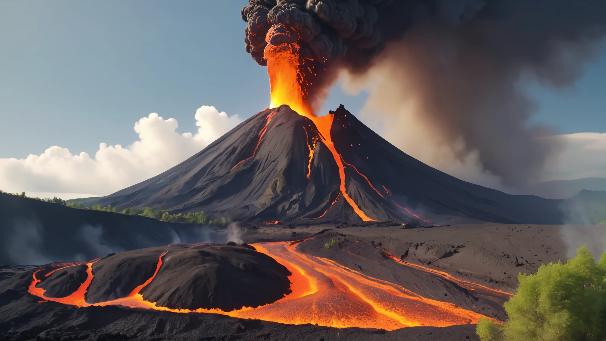 (Best quality,4K,8K,A high resolution,Masterpiece:1.2),a volcano erupts,Flame sputtering,molten lava,erupting,dense smoke,Liquid lava,springtime,trees, mountains, mountain range, valley