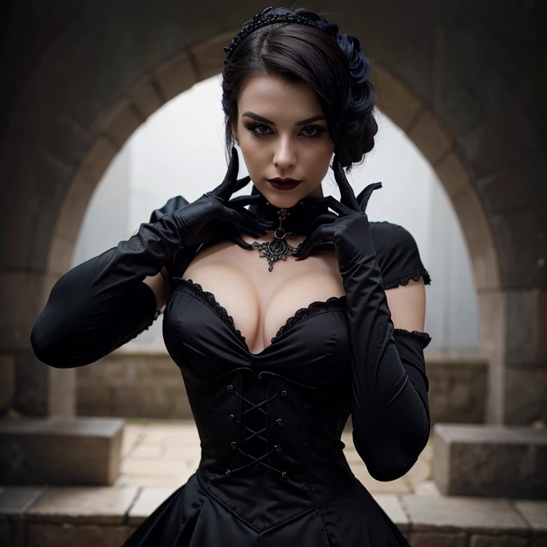 Beautiful woman dressed in gothic with gloves on her hands and looking all sensual