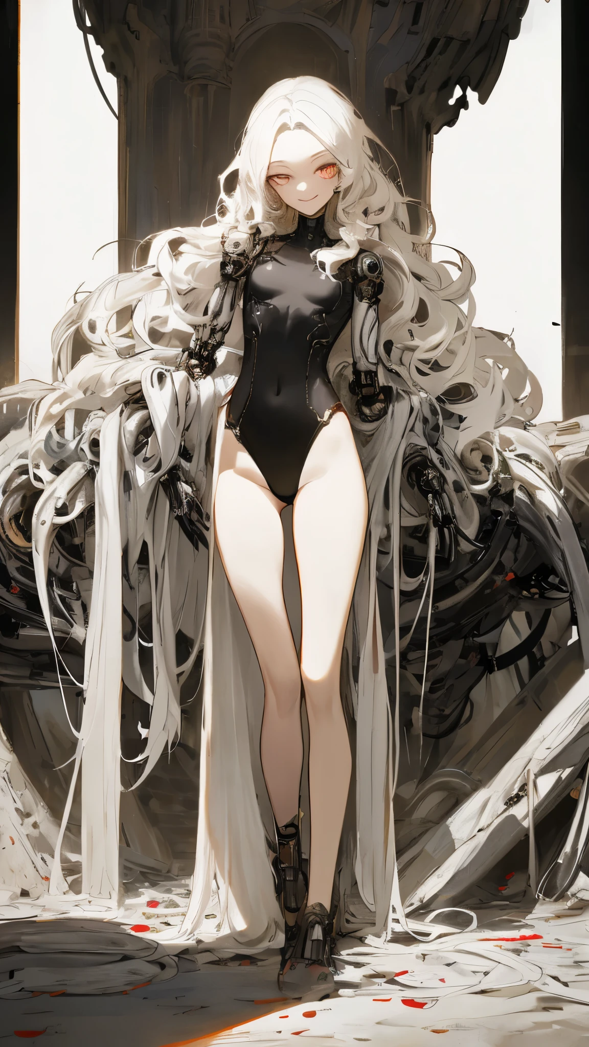 masterpiece， highest quality， Observe the audience， length Hair， Fresh， （Wavy Hair：0.7），
White Theme， （（（（Grey Ruins，）））），Human whole body，Sheer leotard，Front view，Golden Eyes，Bright pupils，length, Pure white straight hair，Small breasts、A light smile，（Full Shot），Ultra-high resolution，Accurate，Very detailed，Awards，Attention to detail，highest quality，8k、High Leg、Mysterious、Quiet abandoned cityscape、mechanical