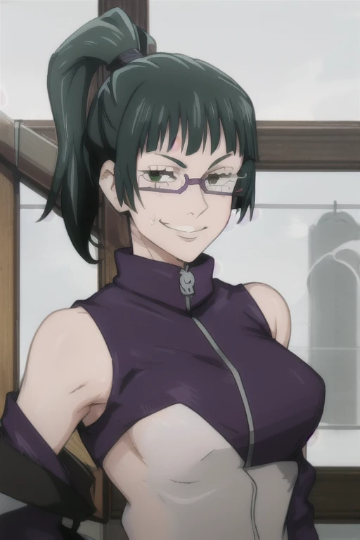 masterpiece, best quality, maki zenin, looking at viewer, green hair, ponytail hair, large breasts, upper body, portrait, looking at viewer, seductive smile,both hands raised, armpits, armpits visible, sweaty armpits, wearing glasses