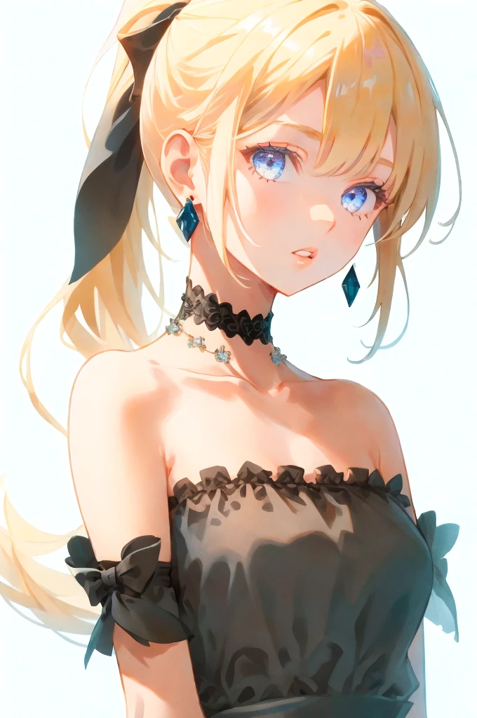 1girl, solo, long hair, looking at viewer, bangs, blue eyes, blonde hair, simple background, white background, dress, bow, bare shoulders, jewelry, collarbone, upper body, ponytail, hair bow, earrings, parted lips, necklace, black dress, grey eyes, black bow,