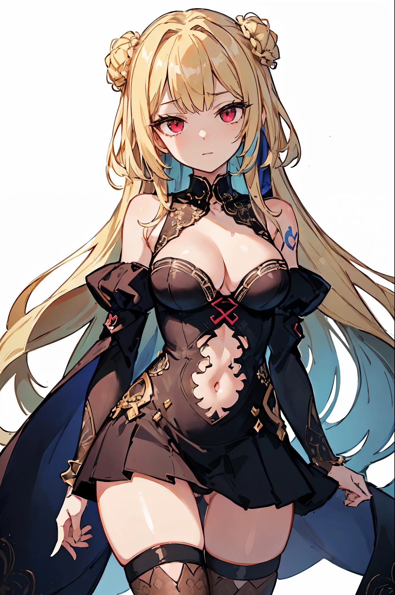 1girl, anime, cute girl, blank background, white background, fantasy, detailed fantasy dress with highlights, beautiful face, beautiful eyes, dark colors, black hair with multicolor streaks, red eye with different color pupil in eye, multicolor eye, medium breasts, slight cleavage, beautiful skin, cute, breast curtains, extremely delicate and beautiful, (beautiful detailed face:1.0), (detailed deep eyes), symmetrical breasts, deep eyes, shiny skin, portrait, slender waist, hips wider than shoulders, thighs, expressionless, young girl, luminous eyes, adorable,(Kpop idol),(aegyo sal:1),(Platinum blonde hair:1),((puffy eye)),Black panty,sexy posture,Superskirt, Ultra-high resolution,Black collar,slim figure, Abdominal y tattoo, womb tattoo,Tight-fitting leg ring,y tattoo on half-body,Bare skin, Armored hand,Hidden fingertips,Hand covered,Arm covered,Fist covered,{{beautiful detailed fingers}}, tufts of hair, moderate beautiful breast:1.0,(masterpiece:1.2), best quality, high-res, HDR, perfect face, intricate armor, delicate blue filigree, intricate filigree, red metalic parts, detailed part, dynamic pose, dynamic lights, cute face, neutral expression, shuimobysim, lotus, hanfu, maxiskit, dress conservatively 1girl, solo, long blue hair, standing,