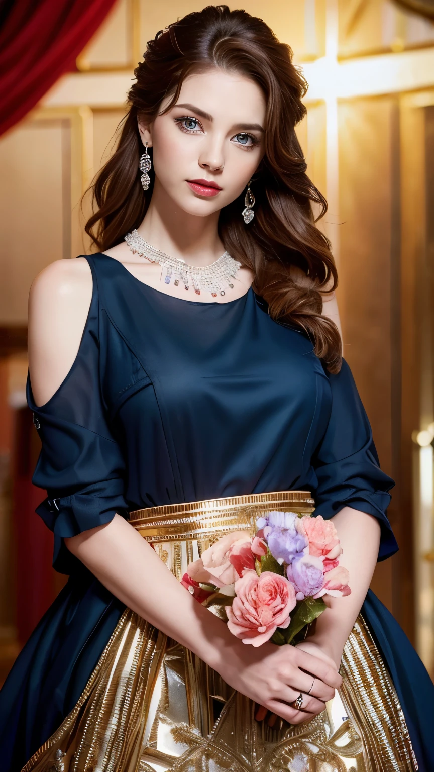 Cowboy Shot, highest quality, 超A high resolution, (Realistic:1.4), 細部までBeautiful Face, Detailed clothing, Attractive European women,highest quality, 4K, High resolution, masterpiece:1.2, Very detailed,(front:1.9),(Photorealistic:1.4)Beautiful Face, (looking at the camera),Cute face, 、RAW Photos, highest quality,, Vibrant, Red and blue eyes,Strong gaze,Vibrant colors,(frontを向く:1.5)masterpiece,Best image quality,Beautiful royal maiden bust,delicate reddish-brown hairstyle,Black eyes are crystal clear,Exquisite craft jewelry,Decorate with flowers,Exaggerated jewelry earrings,Super Detail。