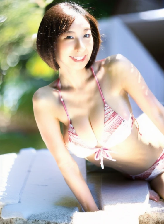 48 years old　Big Breasts　woman　A kind smile　Big eyes　Front teeth　Short Bob Hair　Japanese　classmate　Saggy breasts