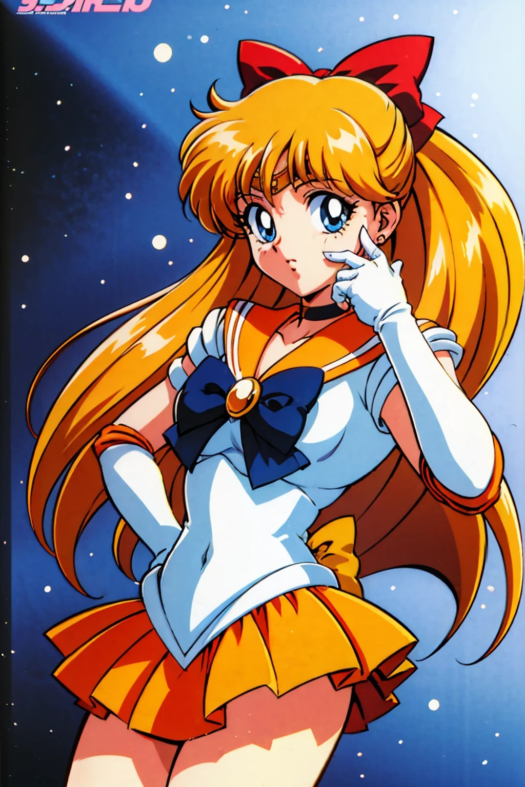 (masterpiece:1.3),(highest quality:1.4),(ultra detailed:1.5),High resolution,extremely detailed,unity 8k wallpaper,Official Art,Perfect Anatomy,(Anime screenshots:1.11),(90s Anime,90s Anime style,cell shaded anime:1.17),((solo:1.52)),
(1990s \(style\), retro artstyle:1.5),(1990s \(style\), retro artstyle:1.5),((sv1:1.52)), sailor senshi uniform, orange skirt, elbow gloves, tiara, orange sailor collar, red bow, orange choker, white gloves, jewelry