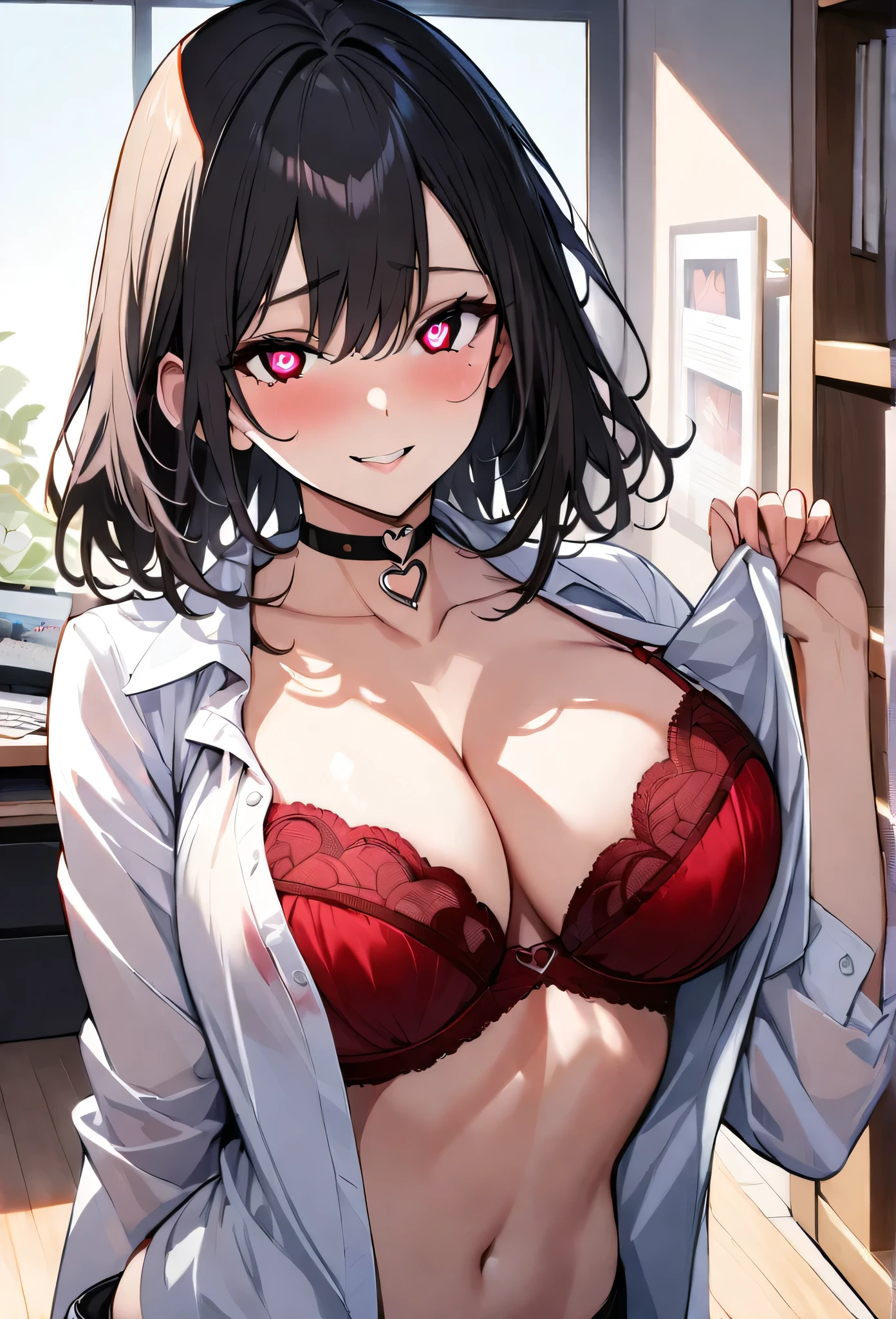 {lady with shoulder-length black hair named Rico}, business suits,tall,'', (It feels like saying Hello, daytime hours), indoor,{going out style}, ((Heart-shaped choker) ), (office room), Bright background, Mole under the eye, Heart-shaped choker, ((Masterpiece)), Highly detailed CG Unity 8k wallpaper), Top quality,, Detailed background, beautifully detailed eyes, heart shaped pupils,hollow eyes, looking at viewer,(very delicate and beautiful)), ((beautiful) eyes (detailed description),extra large breasts, browse,open shirts,red bra,floating heart,,sadistic smile,lorestruck,hot