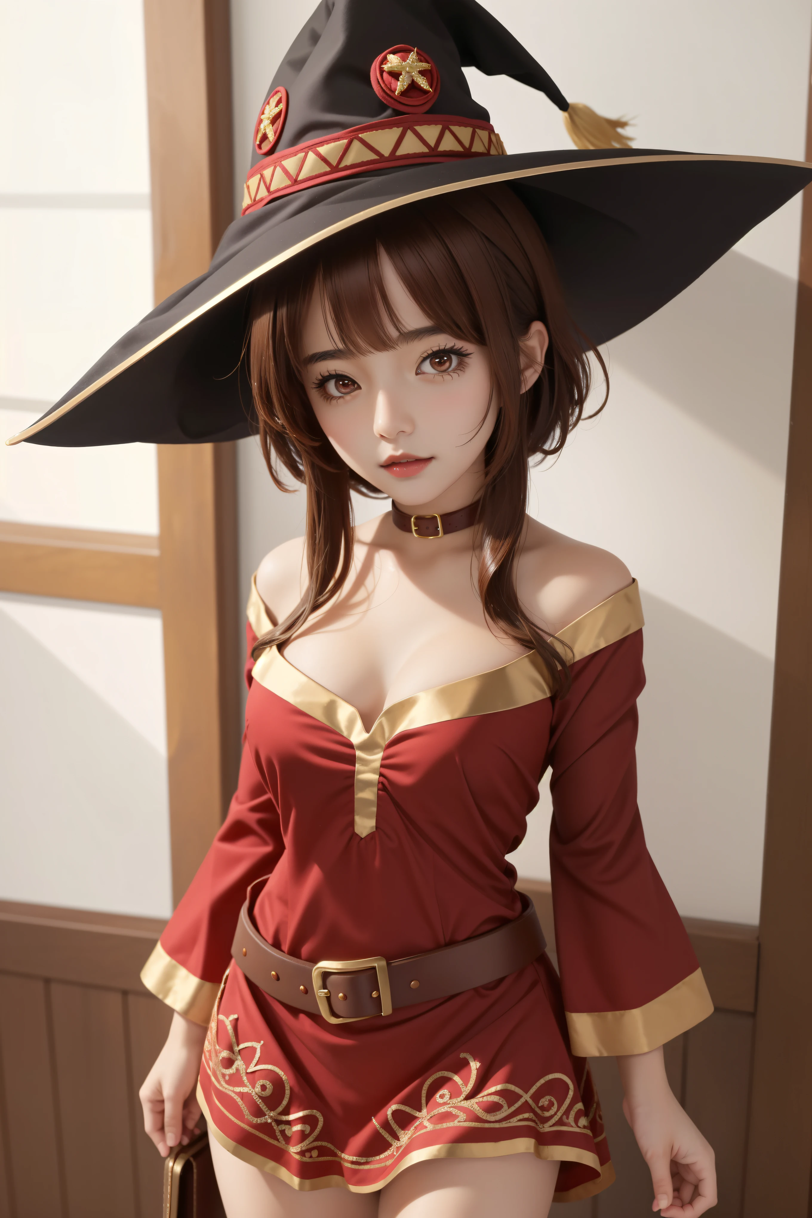 (masterpiece, best quality, detailed background, intricate details), 1girl, megumin, short brown hair, dress, red dress, hat, witch hat, belt, choker