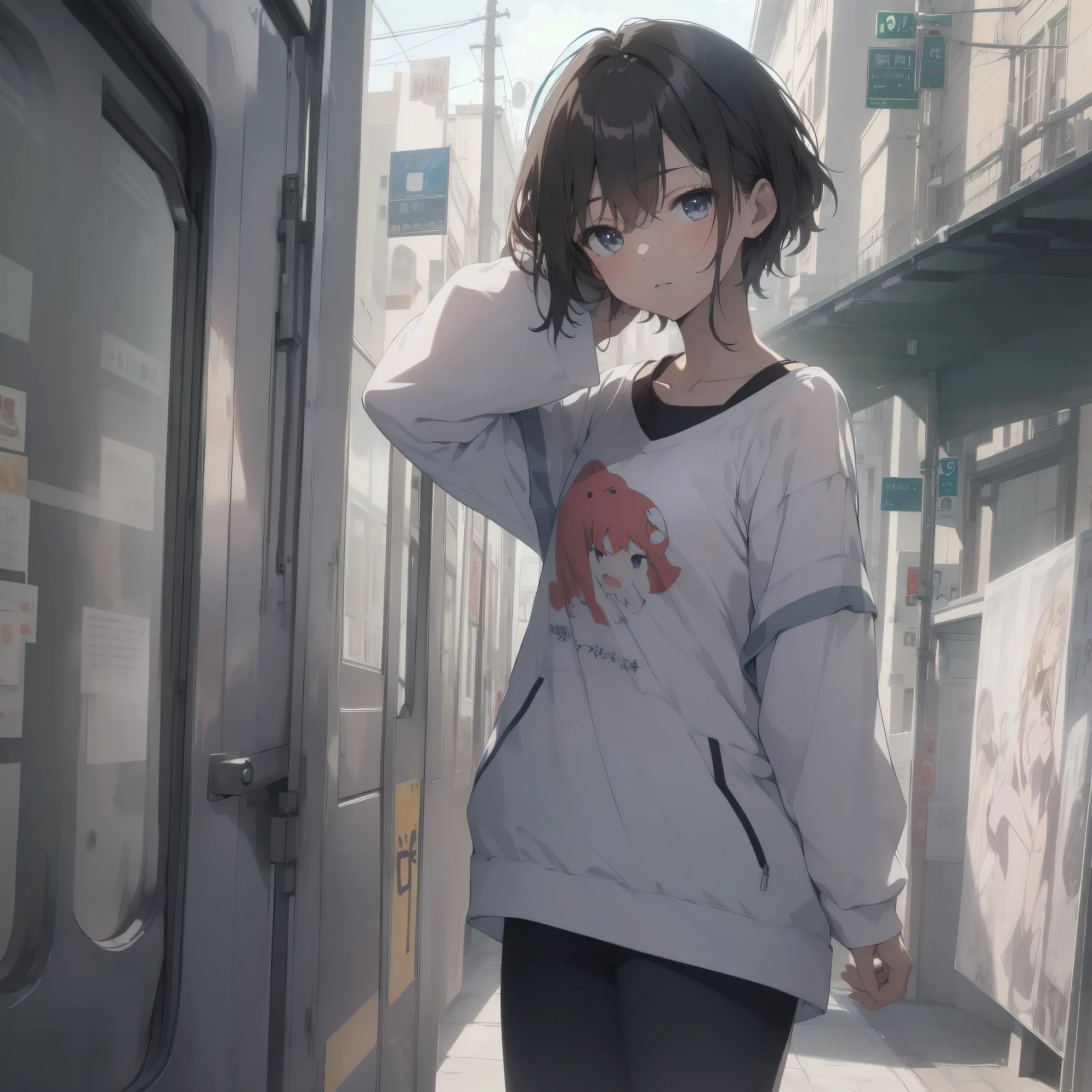 ultra-absurdres-Top quality by artist God, ultra-detailed, high resolution, anime moe artstyle, best anime 8k konachan wallpaper, pixiv contest winner, pool:2810, perfect anatomy,break, 1girl, (Solo,tomboy, 9-year-old:1.3),Full limbs, complete fingers,(very short hair), messy hair, flat chest, groin, small butt, small black eyes, beautiful detailed eyes, well-proportioned iris and pupils, expressive eyes, highres detailed hair, soft expression, tank top, short shorts, walking, sleepily, (Detailed Lighting), (Detailed background), in the School commute route. break,super detailed skin, Best cinematic lighting powered by famous artist, 8k,beauty illustration,photoshop_(medium),very aesthetic,break,((artist:itomugi-kun )), artist:bolze ,artist:oyari ashito ,artist:kantoku ,