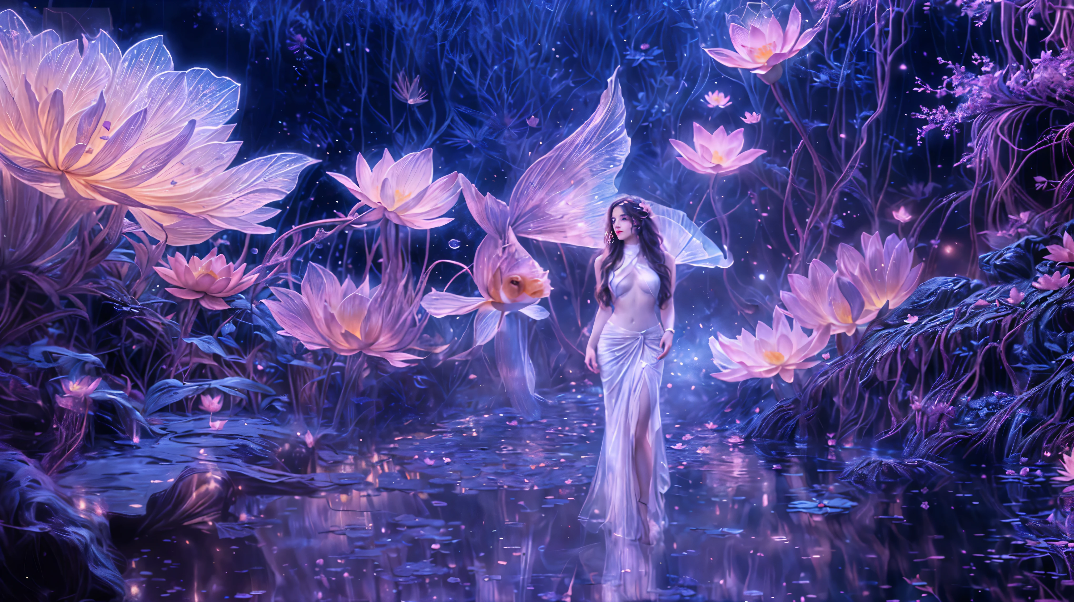 This image is a fantastical and ethereal artwork featuring a person amidst oversized, glowing lotus flowers in a magical forest setting. The atmosphere is mystical, illuminated by the soft glow of the flowers.
The image has an overall purple and blue color scheme, giving it a magical and otherworldly feel.
A person with obscured features is standing in water surrounded by oversized glowing lotus flowers.
The person is wearing a flowing white dress that contrasts with the darker tones of the surroundings.
A large fish with translucent fins swims near the person, adding to the fantastical nature of the scene.
The forest around them is dense with various plants and trees, all illuminated by an unseen light source.
Reflections of the lotus flowers and their glow are visible on the surface of the water.