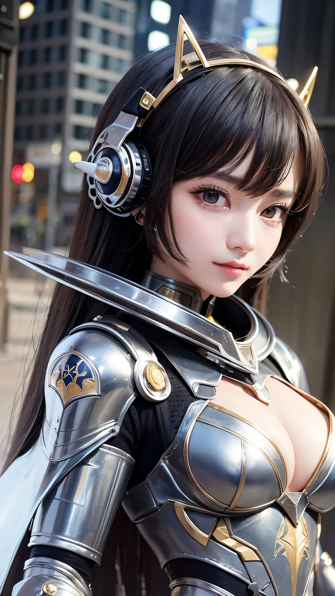 highest quality ,masterpiece, figure, very delicate and beautiful, very detailed ,cg ,unity ,8k wallpaper, wonderful, finely, masterpiece,highest quality,official art,very detailed cg unity 8k wallpaper,disorganized, incredibly disorganized, Super detailed, High resolution, very detailed,beautiful detailed girl,light shines on your face, 1 girl, Mecha, armor, Mechanical_body, black hair, spaceship, city, cyber punk, star_null,