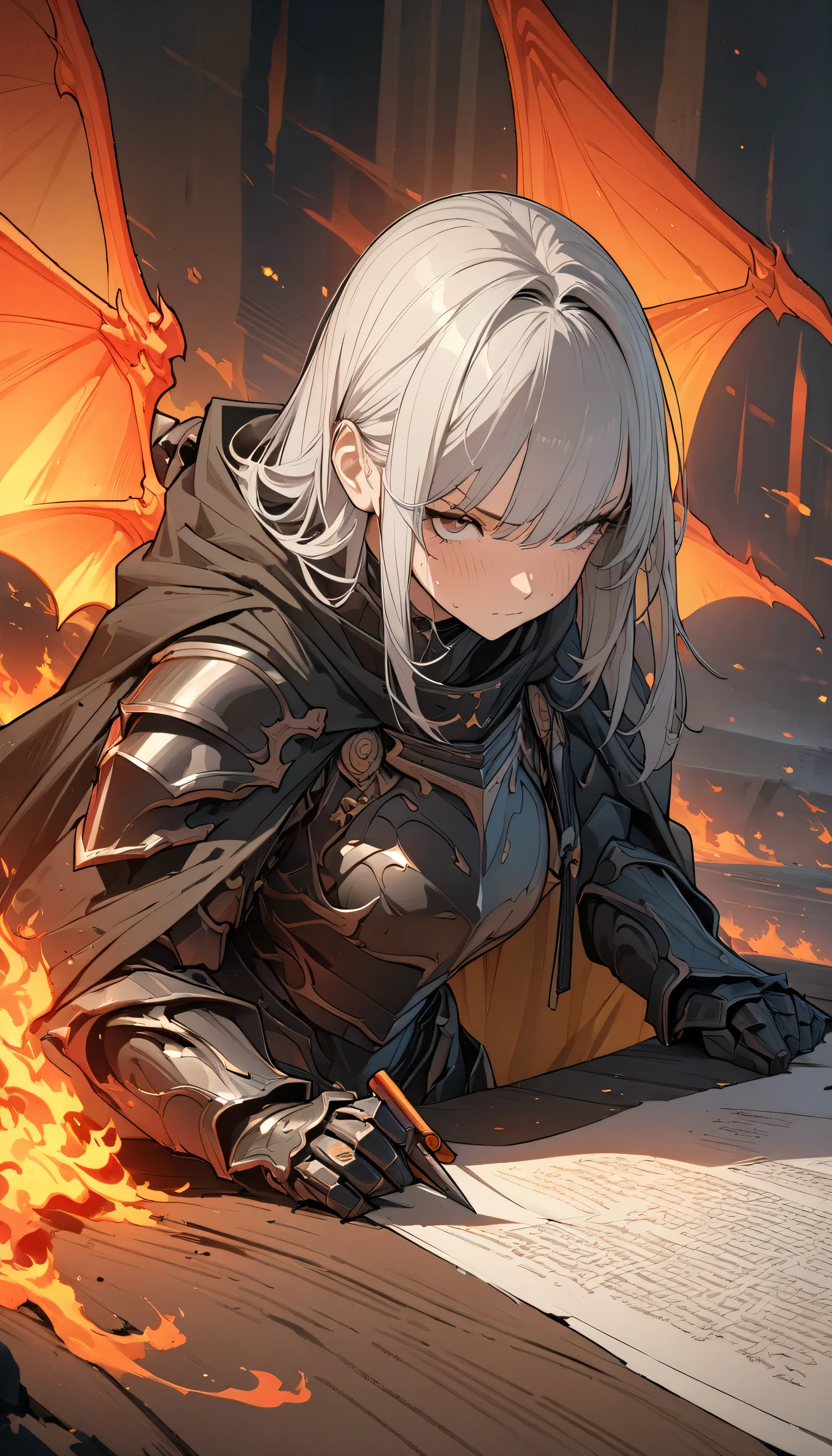 ((Ultra-fine illustrations, 8k, masterpiece :1.2, Sharp focus :1.2, Depth of written boundary:1.2)), Beautiful female swordsman, Disorganized, Highly detailed face and skin texture, Silver Hair, Jet Black Armor, Flame Armor, Cloak on Fire, Flaming Sword, Wings of Fire, Determination to overcome sadness, There&#39;s a sign of determination in your gentle eyes , Strong Soul、Full Body Shot