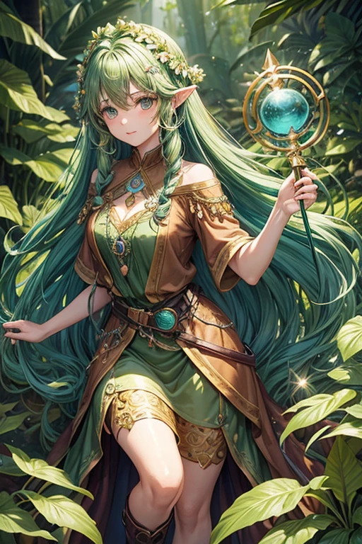 20 year old dryad woman with long curly green hair , peinado desorenado con adornos de plantas con una flor en el cabello con orejas puntegudas , Medieval green dress leaf ornaments turquoise eyes holding a magic staff brown shoes brown leather belt jade ornaments in forest background with magical symbols