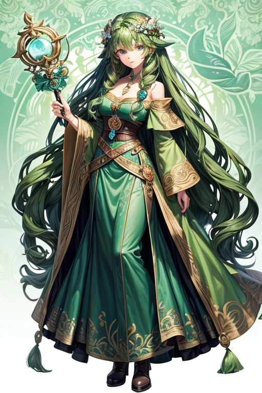20 year old dryad woman with long curly green hair , peinado desorenado con adornos de plantas con una flor en el cabello con orejas puntegudas , Medieval green dress leaf ornaments turquoise eyes holding a magic staff brown shoes brown leather belt jade ornaments in forest background with magical symbols
