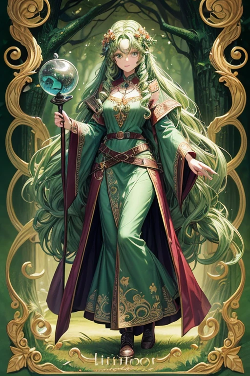 20 year old dryad woman with long curly green hair , peinado desorenado con adornos de plantas con una flor en el cabello con orejas puntegudas , Medieval green dress leaf ornaments turquoise eyes holding a magic staff brown shoes brown leather belt jade ornaments in forest background with magical symbols