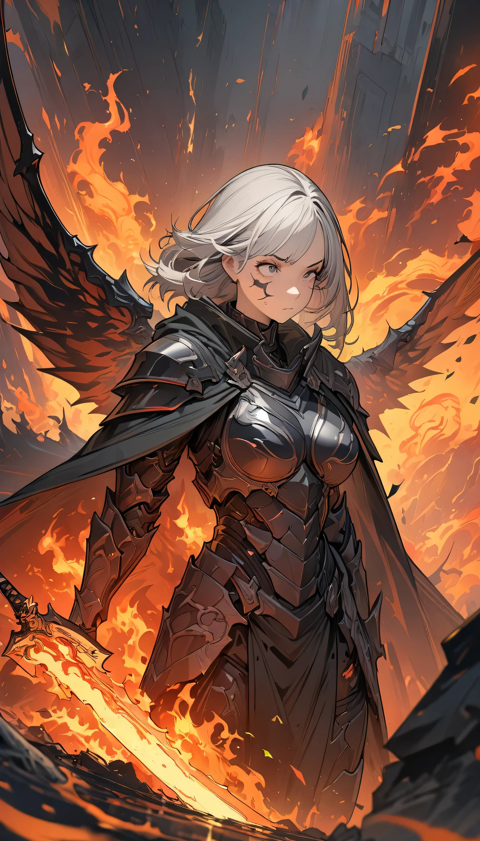 ((Ultra-fine illustrations, 8k, masterpiece :1.2, Sharp focus :1.2, Depth of written boundary:1.2)), Beautiful female swordsman, Disorganized, Highly detailed face and skin texture, Silver Hair, Jet Black Armor, Flame Armor, Cloak on Fire, Flaming Sword, Wings of Fire, Determination to overcome sadness, There&#39;s a sign of determination in your gentle eyes , Strong Soul、Full Body Shot