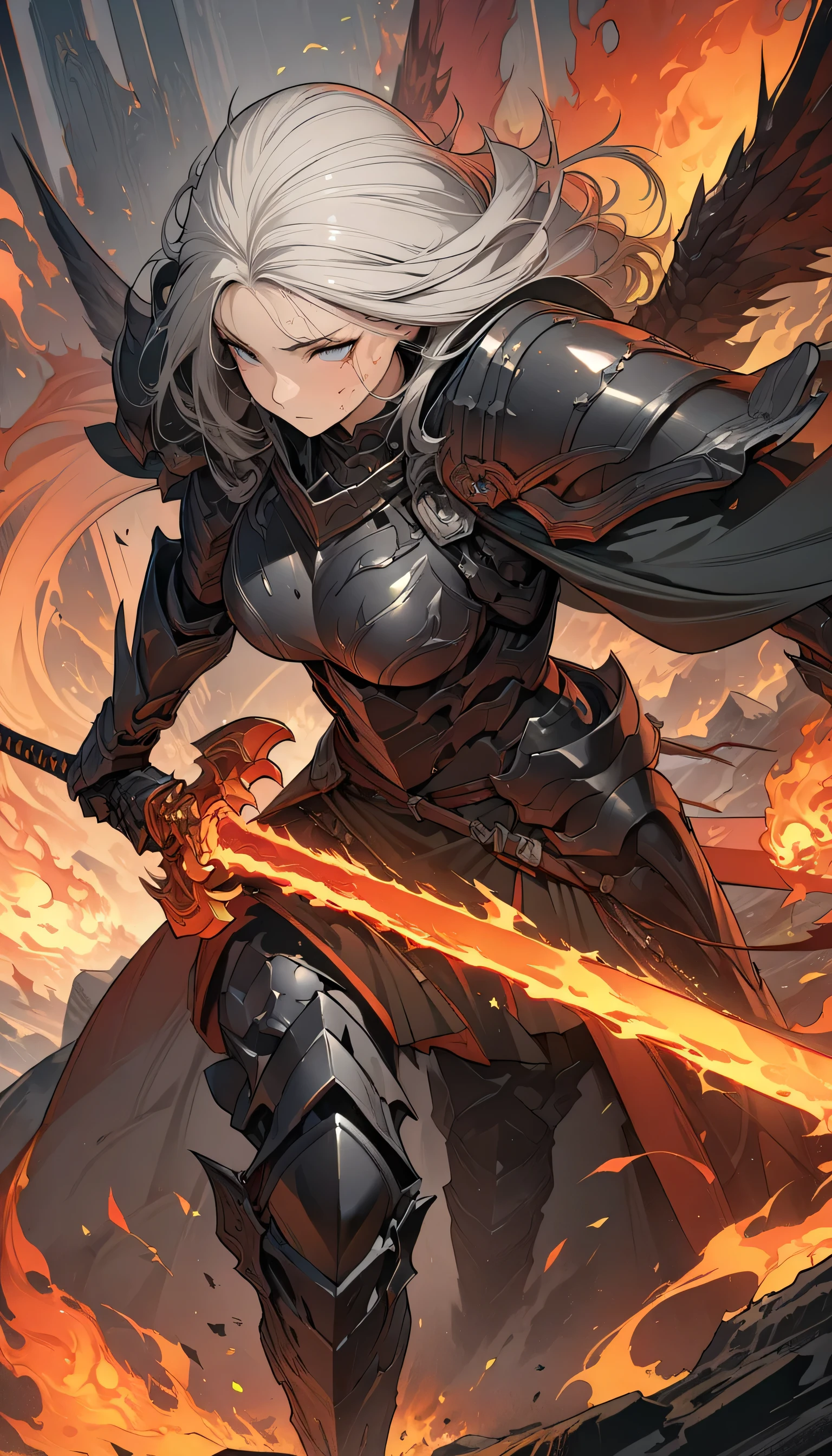 ((Ultra-fine illustrations, 8k, masterpiece :1.2, Sharp focus :1.2, Depth of written boundary:1.2)), Beautiful female swordsman, Disorganized, Highly detailed face and skin texture, Silver Hair, Jet Black Armor, Flame Armor, Cloak on Fire, Flaming Sword, Wings of Fire, Determination to overcome sadness, There&#39;s a sign of determination in your gentle eyes , Strong Soul、Full Body Shot
