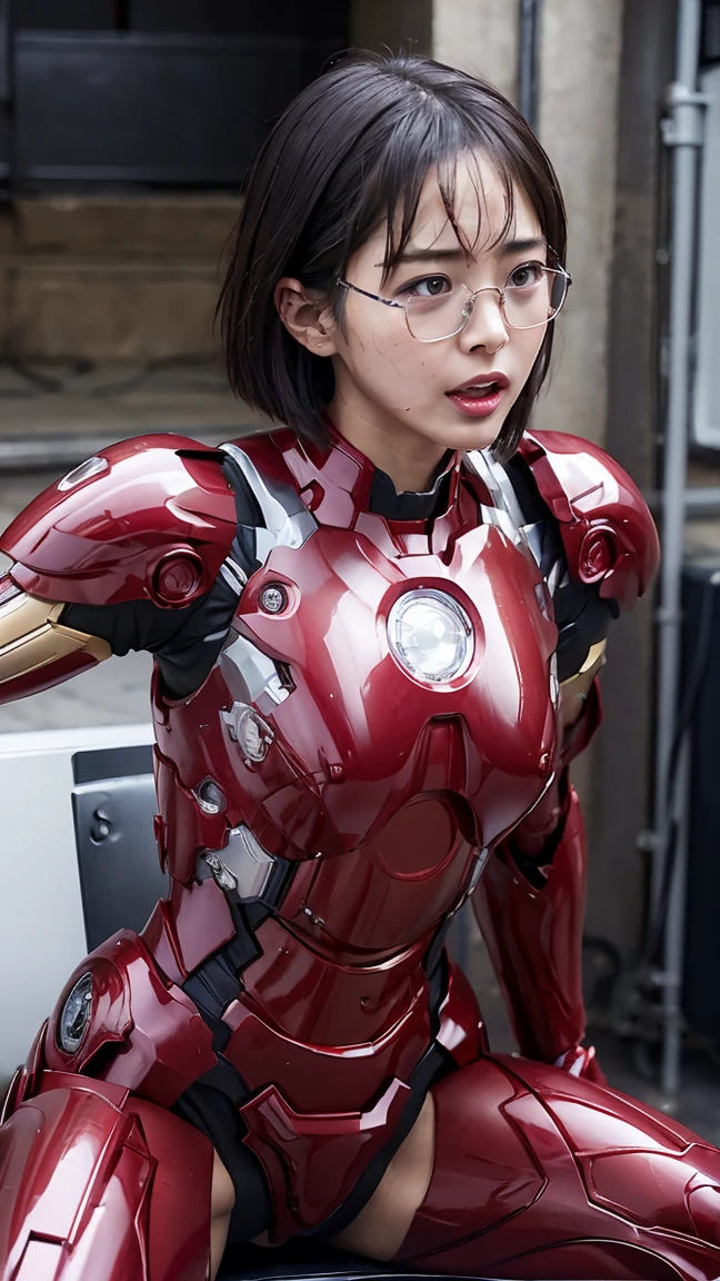 最high quality　8k Iron Man Suit Girl、、、Kindergarteners、　Hyperrealism, Super Detail, high quality, Anatomically correct, 16k, High resolution, Textured skin、Short Hair、boyish、Glasses、Sweaty、Red and Black　Spread your legs wide　I can see the vagina　Sit on a chair　short hair　Black Hair　Drooling from the mouth　Look Up　profile　Sweat dripping　burning　Sexy expression　