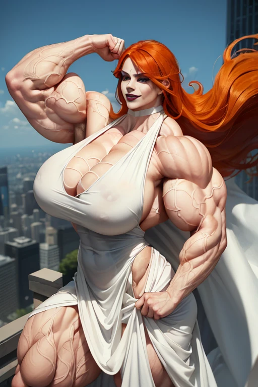 ((((Massive tall, beautiful, buff, pale white skinned muscular woman with orange hair, black lipstick, ginormous bulky muscles, winds blowing and wearing a beautiful white long dress)))), (close view), massive muscles, massive biceps, hyper muscle shoulders, massive muscle arms, vascular shoulders, hyper muscle triceps, (shaggy long hair), green eyes, choker, on top of a skyscraper in a Windy City, confidant smile, hyper vascular arm, hyper muscles arms, hyper muscle legs, (massive arms).